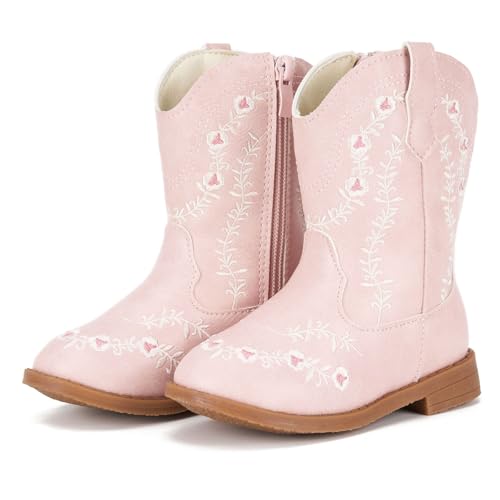 Newsonet Toddler Grils Cowboy Boots Western Cowgirl Boots Boys Mid Calf Square Toe Riding Walking Shoes for All Season Pink Size 6