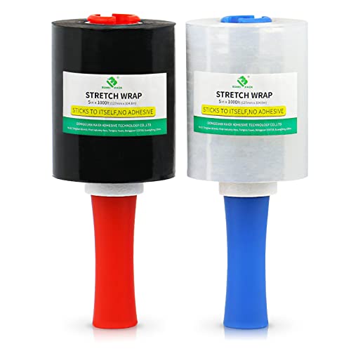 Clear/Black Industrial Stretch Wrap Film 5" X 1000Ft Roll With Handle, 80 Gauge Thick Cling Plastic Wrap For Moving, Pallet Wrap - Self Adhering Packaging Heavy Duty Shrink Film, Bomei Pack #TOP23