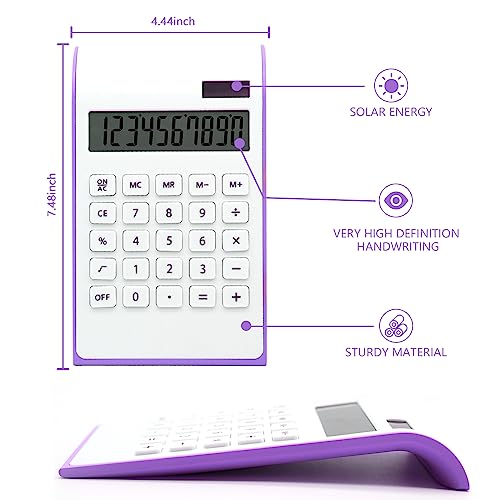 Purple Calculator, UPIHO Purple Office Supplies and Accessories, 10 Digits Solar Battery Basic Calculator, Dual Power Desktop Calculators with Large LCD Display, Cute Office Supplies