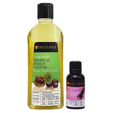 Soulflower Hair and Skin Care Essentials, Pack of Castor Carrier Oil and undiluted Rosemary Essential Oil Cover