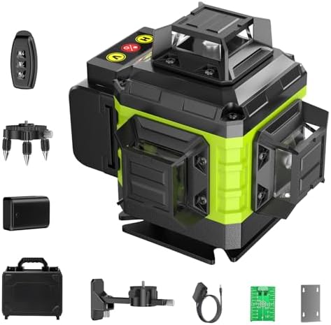 16 Line Laser Level 360 Self Leveling, 4x360°Professional 4D Green Cross Line laser Level with 2 Batteries, Adjustable Brightness & Remote Control, for Tiling Floor Construction and Picture Hanging