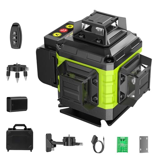 16 Line Laser Level 360 Self Leveling, 4x360°Professional 4D Green Cross Line laser Level with 2 Batteries, Adjustable Brightness & Remote Control, for Tiling Floor Construction and Picture Hanging