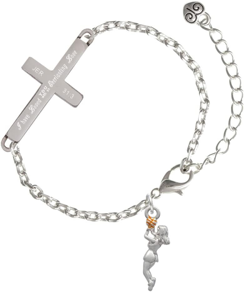 Delight Jewelry Silvertone Basketball Player Girl Everlasting Love Engraved Cross Charm Bracelet, 6.5+1.5" Extender