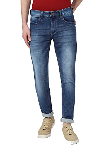 Image of UrbanMark Men Slim Fit Medium Blue Mild Wash Mid Rise Stretchable Jeans