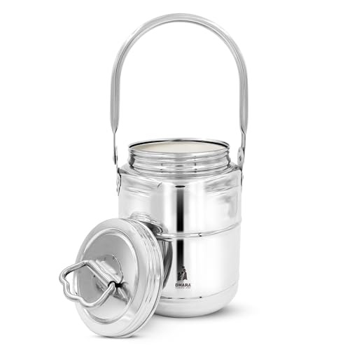 Image of Dhara Stainless Steel 2700 ml Dolchi Oil & Milk Container with Lid, Jointless One Piece Storage Pot with Screw Lid and Handle