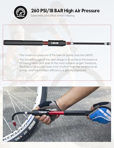 Image of Tiakia Mini Bike Pump, Portable Bicycle Pump with Bracket, 260PSI High Pressure Frame Pump Air Hand Pump Fit Presta, Schrader & Woods Valves, Aluminum Alloy Tire Pump for Road /Mountain Bikes, Balls