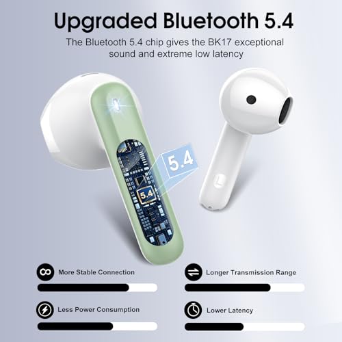 Wireless Earbuds Bluetooth 5.4 Headphones, 40H Playtime In-Ear Earphones with 4 ENC Noise Cancelling Mic, 3D Bass Stereo Sound, IP7 Waterproof Bluetooth Earbuds USB-C LED for iPhone Android, Green