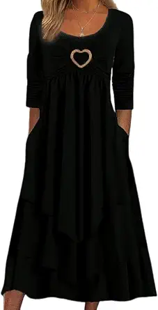 Women 2025 Fashion Crewneck Long Sleeve Dresses Swing Ruffle Irregular Hem A-Line Flowy Pleated Maxi Dress
