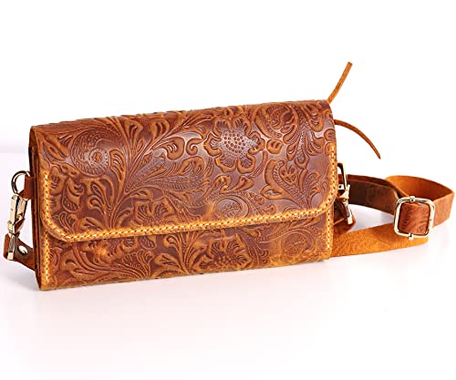 Handmade Small Crossbody Shoulder Bag for Women, Cellphone Bags Adjustable Strap, Leather Card Holder Wallet Purse and Handbags With Zipper Coin Clutch for Teen Girls Bags (Carved Camel)