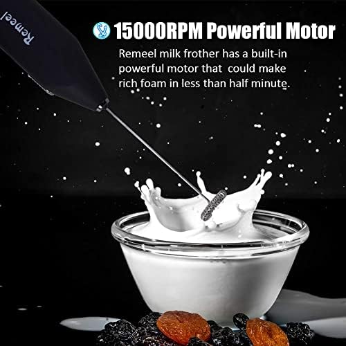 Remeel Handheld Milk Frother with Stainless Steel Whisk, Portable and Powerful Foam Maker for Morning Coffee, Latte, Cappuccino, Hot Chocolate (Black)