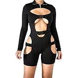 YILEEGOO Damen-Overall, figurbetont, Schnalle, hoher Ausschnitt, lange Ärmel, Biker, kurz, sexy, Club-Bodysuit, Strampler, Schwarz , Small