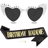 Vovii 'Birthday Baddie Sash and Sunglasses for Women Men, Black Glitter Sash with Gold Foil for Baddie Party Decorations, Happy Bday Kit for Birthday Accessories Party Favors Supplies