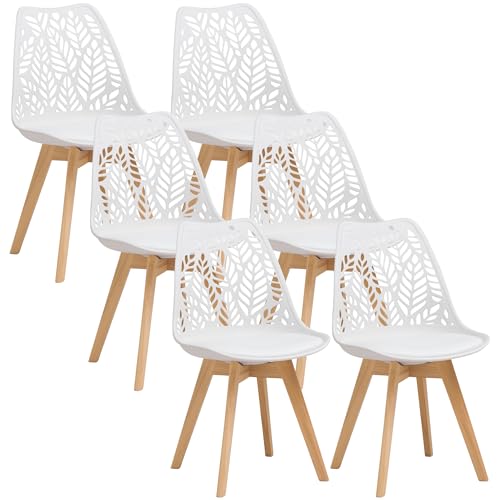 BenyLed Lot de 6 Chaises de Salle à Manger Style Scandinave, Motifs Ajourés Sculptés sur le Dossier, Coussin Amovible en PU, Pieds en Hêtre Massif, pour Salle à Manger Cuisine Bureau Salon Café, Blanc
