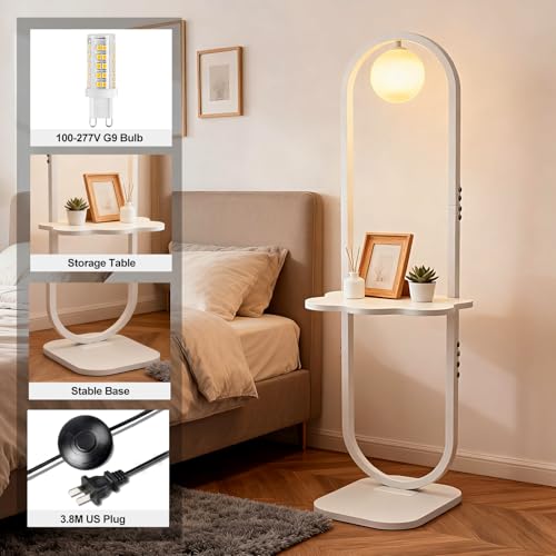 Image of Lightdot 47-Inch Arch Floor Lamp, Modern Standing Lamp with Table, White Metal Frame with Globe Shade, Living Room Bedroom Lighting, G9 LED Bulb Included for Sofa Beside /Corner Decor