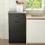 Visiblesser 10 Gallons Tilt Out Trash Cabinet, Wooden Garbage Can Cabinet for Kitchen, Tilt Out Laundry Hamper Cabinet, Dog Proof Trash Cabinet Can Free Standing Holder, Black