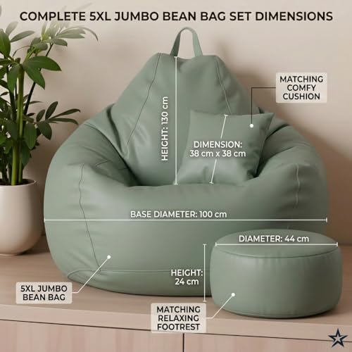 Image of KAM'S LIEU 6XL Luxury Faux Leather Bean Bag with Footrest & Cushion | Pre-Filled High-Density Polystyrene Beans | Premium Leatherette |Teardrop Handle Design | 6 Months Warranty Color- SAGE Green