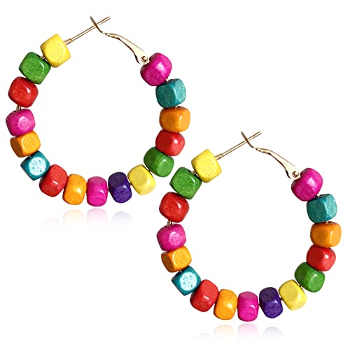 Handmade Nature Wooden Beaded Hoop Earrings Bohemian Minimalist Colorful Circle Round Wood Bead Earrings Vintage Chic Wooden Ethnic Dangle Drop Earrings for Women Statement Jewelry Gifts (Color Small Round 3)