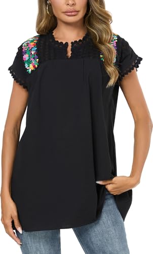 Mexican Shirts for Women Embroidered Tops Peasant Blouse Lace Tops White Short Sleeve Summer Floral V Neck T Shirt