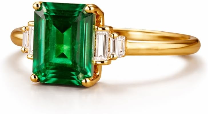 Emerald Cut Green Emerald Engagement Ring for Women 14K Yellow Gold with Baguette CZ Diamond Accents Vintage Art Deco Proposal Wedding Promise Jewelry Gift for Her