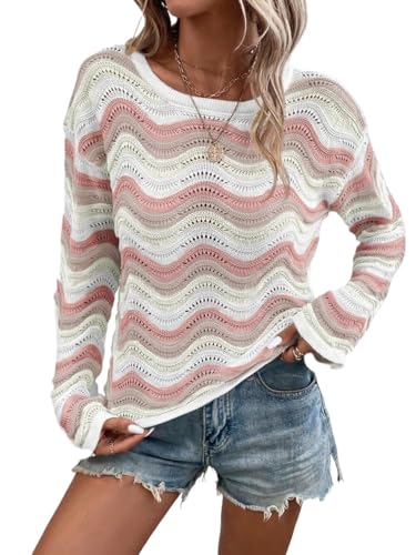 Women Pullover Rib-Knit Crew Neck Long Sleeve Sweater Casual Pattern Drop Shoulder Sweaters Top Fall Spring