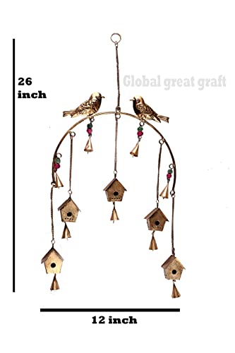 Antique Style Metal Bird House, Rustic Look Wall Hanging Brass Wind Chime, Home Decor Items, Vintage Style Bells Hanging, Metal Garden Decor #TOP3