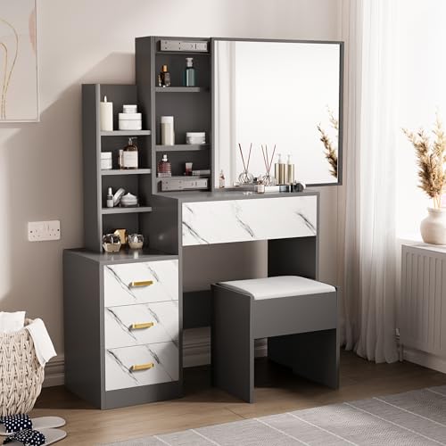 Blisswood Dressing Table with 10 Led Bulb & Mirror and Stool, Vanity Desk with 4 Drawer 3 open Storage Shelves and 3 Hidden Shelves, Modern Makeup Table for Bedroom (Dark Grey & Marble White)