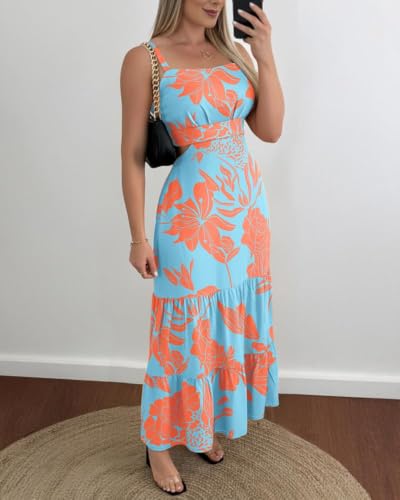 Image of CHICME Summer Dresses for Women 2026 Sleeveless Casual Boho Maxi Dress Square Neck Cut Out Floral A Line Dress