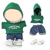 LEWOTE Set de ropa Compatible con muñeca Labubu, Set de sombrero, traje, adornos y accesorios para muñeca de 17 cm / 6.7 pulgadas (Sudadera verde/Jeans/Zapatillas de lona)