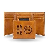 Rico Industries NBA Detroit Pistons Trifold Wallet, Brown - Laser Engraved Vegan Leather, 6 Card Slots, ID Window