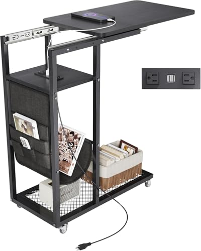 Image of Colima C Shaped End Table with Charging Station (Black, Extra Large)