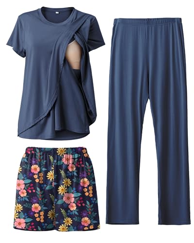 Image of Rnxrbb 3 Piece Postpartum Nursing Pajamas Set Casual Soft Maternity Breastfeeding Pjs Sleepwear Loungewear Clothes Layer