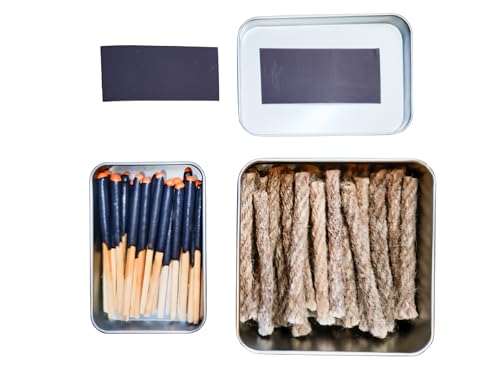 Survival Waterproof Matches Kit â€“ 20/40/60 Fire Matches + Extra Striker in Metal Tin, Waxed Tinder Cords â€“ Stormproof Windproof Fire Starter for Camping & Emergency (1 x Tin Matche+ 20 Ropes)