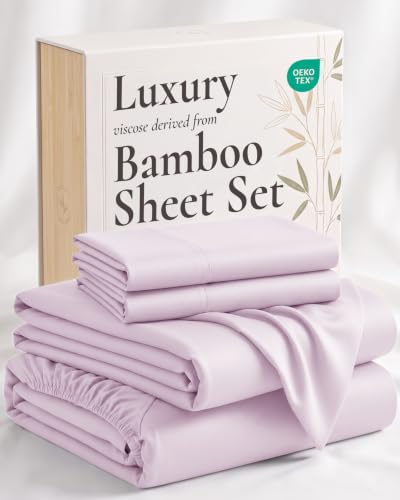 Image of Hotel Sheets Direct 4 Piece Bed Sheet Set Full Size, 100% Viscose Derived from Bamboo Sheets Set with 2 Pillowcases, Cooling & Breathable Luxury Bedding, Moisture-Wicking & Silky Soft, Light Pink