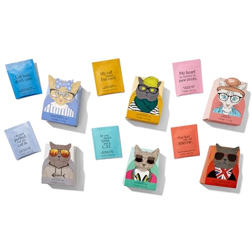 Thoughtfully Gourmet, Cat Lover’s Tea Gift Set, Includes 24 Teas in 6 Flavours with Stylish Cat Art and Fun Quotes for Cat Moms and Cat Dads, Set of 24
