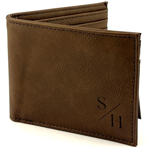 Personalized Initials Faux Leather Wallet for Men | Customized Laser Engraved Slim Bifold Wallet for Men with Flip ID for Bills, Cards | Custom Father's Day Gifts for Dad, Birthday Gift for Man