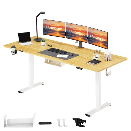 Image of SANODESK 200x80 Electric Standing Desk, Height Adjustable Sit Stand Computer Desk with Anti-Collision Technology, Cable Management, Storage Basket, Cup Holder & Hooks, Extra Large Office Desk