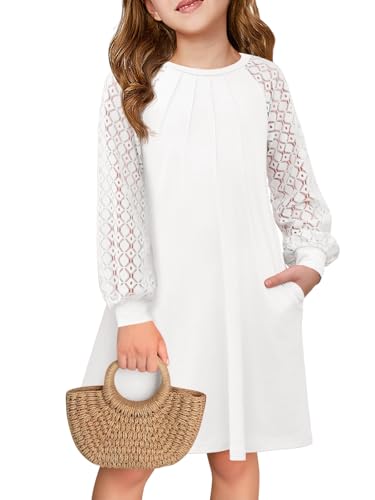 Haloumoning Girls Contrast Lace Long Sleeve Dress Kids Casual Pleated A Line Short Dresses with Pockets 5-14 Years