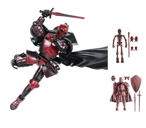 LUMRRSK Skeleton Knight Model Kit, Medieval Fantasy Action Figure with Interchangeable Armor, Sword and Shield, Poseable DIY Assembly Figure for Adults (Red)