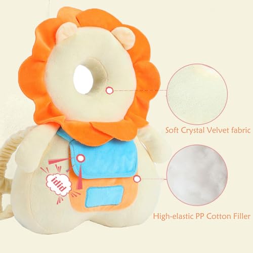 Image of Baby Head Protector Backpack, Toddler Baby Head Protection Backpack with Baby Knee Pads Alarm Function for Walking & Crawling, Soft, Breathable and Wearing Safety Baby Head Protector - White Lion
