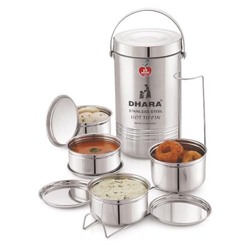 Image of Dhara Stainless Steel Insulated Tiffin Carrier 4 Container Lunch Box 1300ml, Leak Proof Steel Compartment Tiffin with Handle for Office & Travel