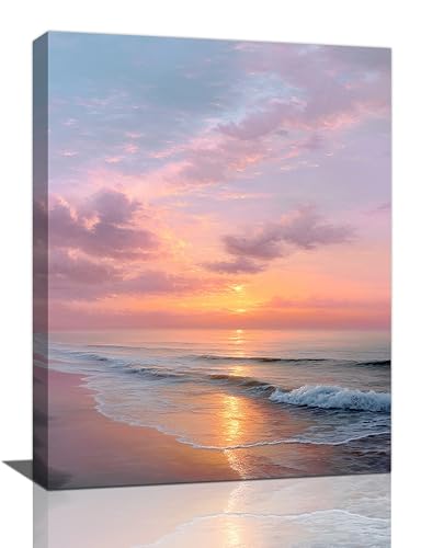 Beach Sunset Wall Art Ocean Coastal Scenery Wall Decor Seascape Picture Canvas Landscape Painting Print Framed Artwork Decorations for Living Room Office Bedroom Kitchen 12"x16"
