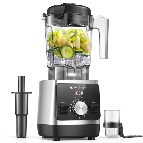 AMZCHEF Batidora de Alto Rendimiento 1800 W, Recipiente Tritan de 2,1L Sin BPA, Cuchilla de Acero Inoxidable con Revestimiento de Titanio de 6 Hojas, Regulación de Velocidad Continua 9, Plata Mate