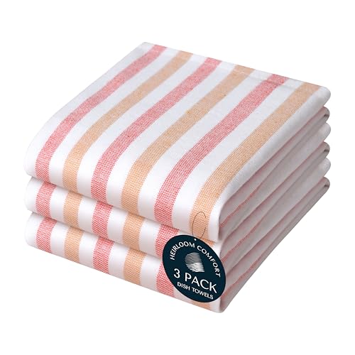 HEIRLOOM COMFORT Fiesta Stripe Kitchen Towels 3 Pack, 18x26 Inch, 100% Cotton, Super Absorbent & Quick Dry, Durable Dish Towel for Drying Dishes, Machine Washable, Everyday Use, Orange & Yellow