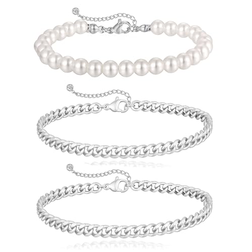 VIROMY Silver Bracelets for Women 14K Silver Plated Pearl Bracelets Cuban Link Charm Stackable Chain Trendy Jewellery Gifts for Women