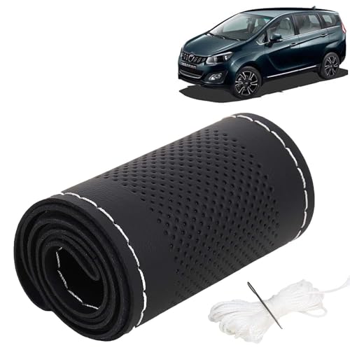 Image of KINGSWAY PU Leatherite Car Steering Cover Sewable Compatible with Mahindra Marazzo (Year 2018 Onwards), Black Color with Silver Thread, Pack of 1 with Sewing Needle and Thread