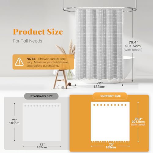 Image of BTTN 78 Inch Long Shower Curtain - Boho Farmhouse Linen Ultra Thick Fabric Shower Curtain Set with Plastic Hooks, Tall Rustic Country Luxury Cloth Shower Curtains for Bathroom Decor, Gray /Grey, 72x78