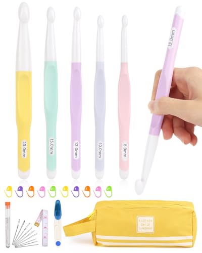 Aeelike Crochet Hooks 8mm, 10mm, 12mm,15mm, 20mm, Ergonomic Crochet Hooks Set with Large Rubber Handle Crocheting Accessories for Chunky Yarn Weaving Blanket DIY Crafts,Ideal Gift