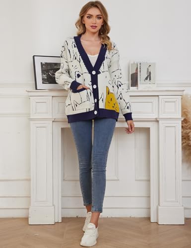 Image of Gihuo Women Cat Sweater Oversized Cute Kawaii Cardigan Knit Graphic V Neck Loose Fit Long Sleeve Cardigan Coat