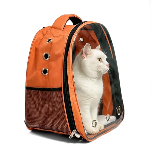 Image of Portable Pet Carrier Backpack for Cats & Small Dogs - Transparent Window, 9 Air Vents, Breathable Mesh, Built-in Safety Leash, Lightweight Travel Bag for Outdoor & Travel (Orange)