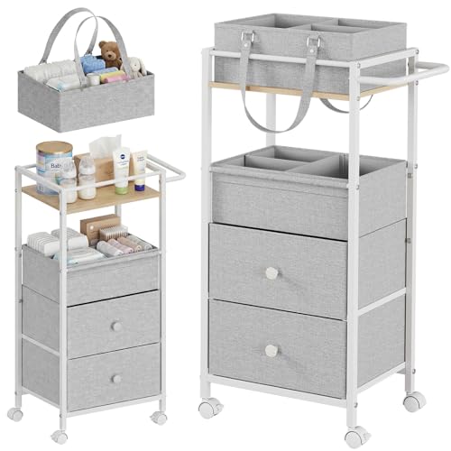 KALORCARE おむつストッカー 2WAY 収納ワゴン ベビー用品 出産準備 大容量 4段 キャスター付き 持ち運び おむつバッグ 取り外し可能 赤ちゃん用品 収納ボックス おむつ入れ 整理整頓 移動便利 仕切り付き ストッカー ナーサリー収納 (グレー)の商品画像（Amazon）